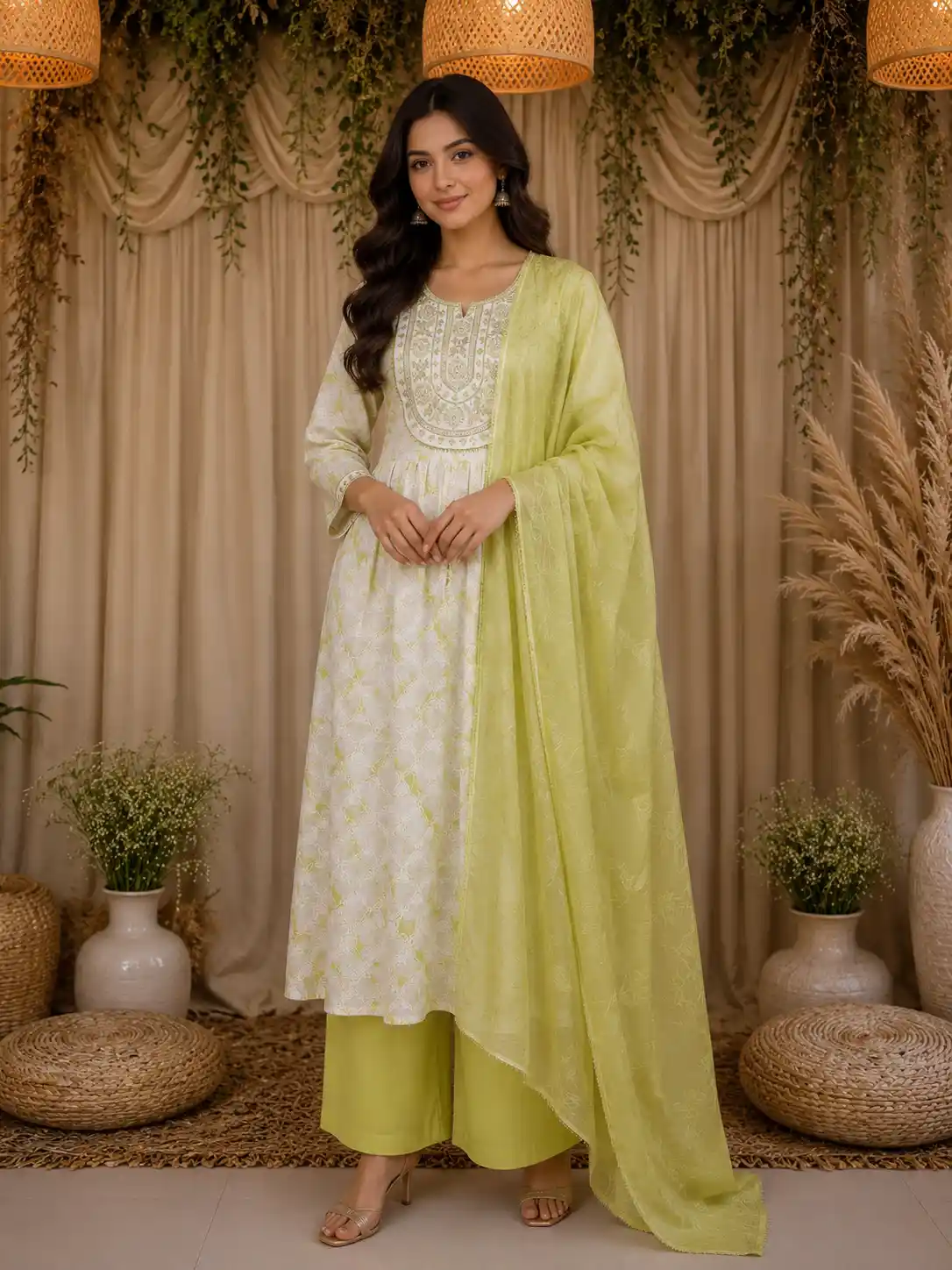 Lime Green Floral Embroidered Design Cotton Anarkali Salwar Suit